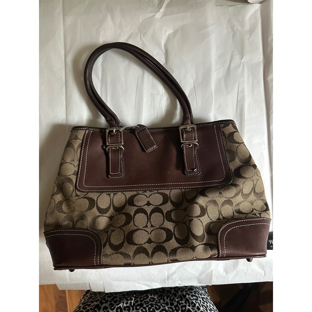 VTG Y2K Coach Signature C Canvas Leather Tote Bag Brown Tan 6366